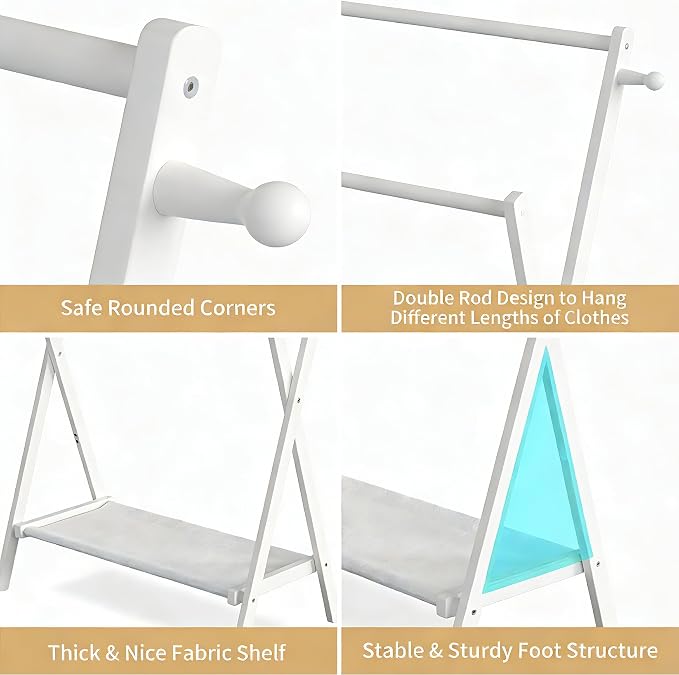 BAMBOOHOMIE Kids Clothing Rack, Small Clothes Rack for Toddler Pets, Kids Dress Up Rack with Storage Shelf & Double Rods, Foldable Kids Clothes Rack for Nursery Child's Room (Regular Size - White)