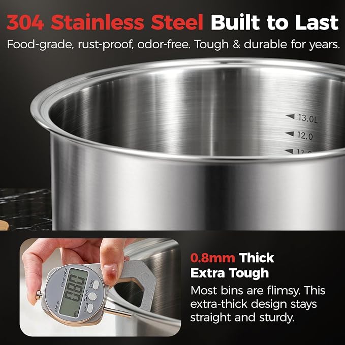 Umimile 304 Stainless Steel Airtight Food Storage Container – 10L (2.6Gal) Metal Canister with Clear Lid, 0.8mm Thick, Silicone Plug Release & Removable Gasket – for Rice, Flour, Pet Food (13L)