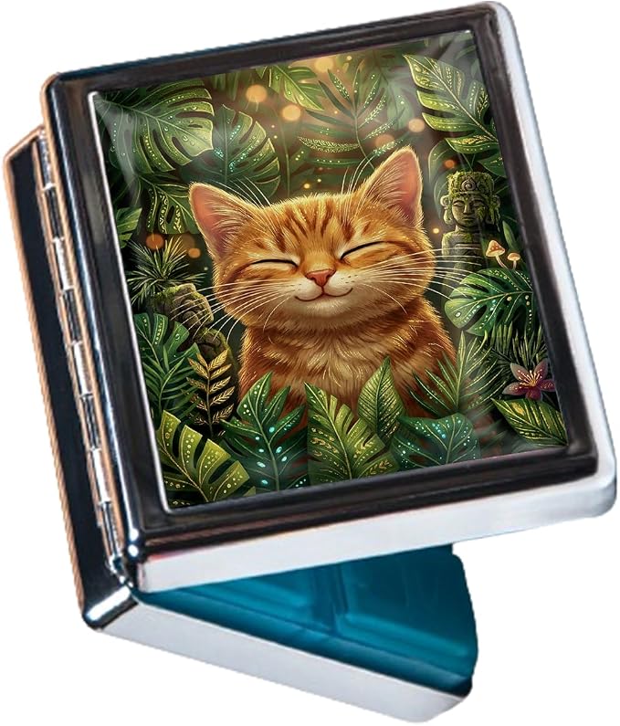 Weekly Pill Organizer, Metal Pill Box with 8 Compartments, Small Travel Pill Case for Purse Pocket, Medicine Vitamin Supplement Organizer (Jungle Cat)