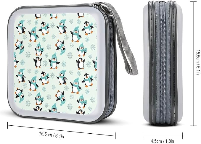 Portable 40-Disc CD Storage Binder Animal Penguin Cute Penguins, Hard Case Wallet with Handle, Protective Organizer for Movies Music Travel
