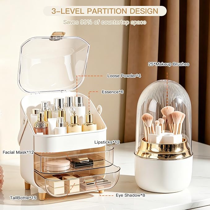 2 Piece Cream Gold Makeup Organizer Set with Dustproof Cover and 3 Drawer Cosmetic Storage Box with Handle for Brushes Perfume Lipstick Skincare Beauty Vanity Countertop Display（Rose Gold）