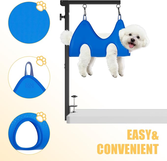 Foldable Dog Grooming Arm with Clamp - Adjustable Grooming Table Arm with No-Sit Holder & Hammock, Includes Pet Grooming Scissors & Comb Set | for Small Medium Dogs | Home Use & Professional Salon