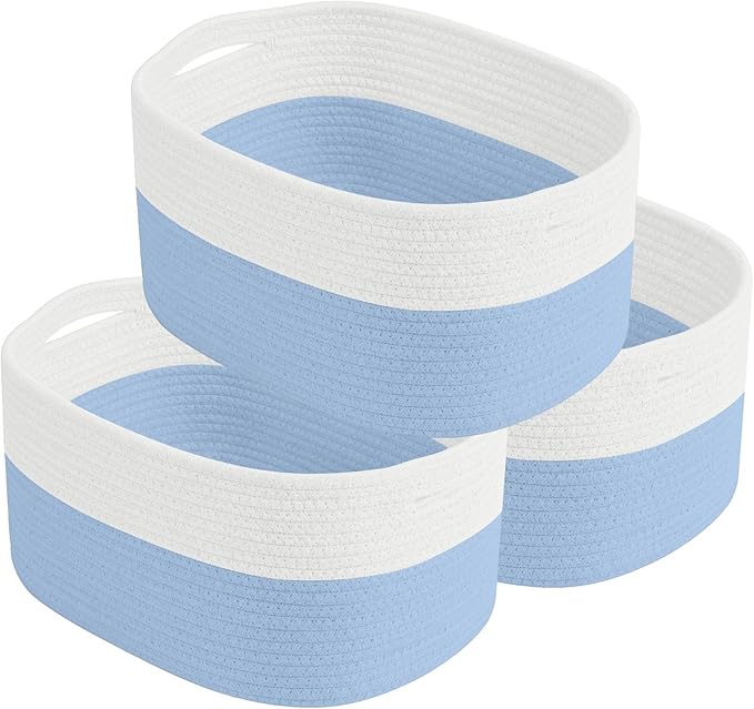 ECDYQXVU 15x10x9 Inch Woven Cotton Rope Storage Basket, 3 Pack | Foldable Design, Built-in Handles, Space-saving Organizer for Living Room, Bedroom, Laundry, Shelves, Clothes, Towels