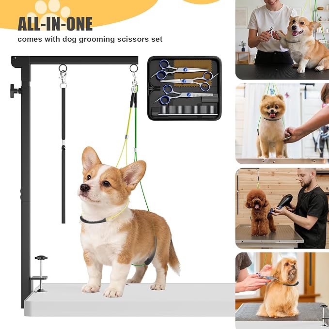 Foldable Dog Grooming Arm with Clamp - Adjustable Grooming Table Arm with No-Sit Holder & Hammock, Includes Pet Grooming Scissors & Comb Set | for Small Medium Dogs | Home Use & Professional Salon