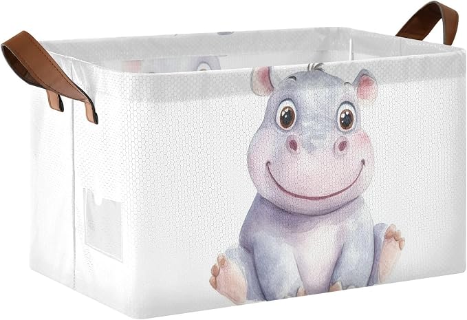 Cute Baby Hippopotamus Hippo Animal Storage Basket with Labels&Handles Rectangular Waterproof Nursery Storage Bins Collapsible Shelf Organizer Baskets for Kids Books Cloth Gift Basket Toys Laundry