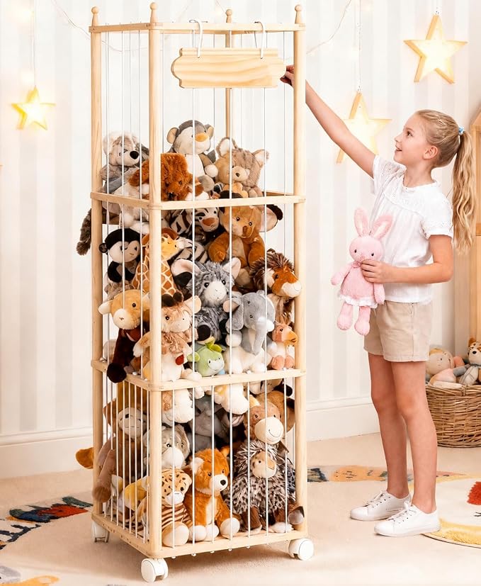 TANONE Stuffed Animal Storage with Wheels - Large Stuffy Storage for Kids | Wooden Stuffed Animal Organizer with Separate Sections for Large and Small Plush - Zoo Hodler Tower for Playroom and Nursery
