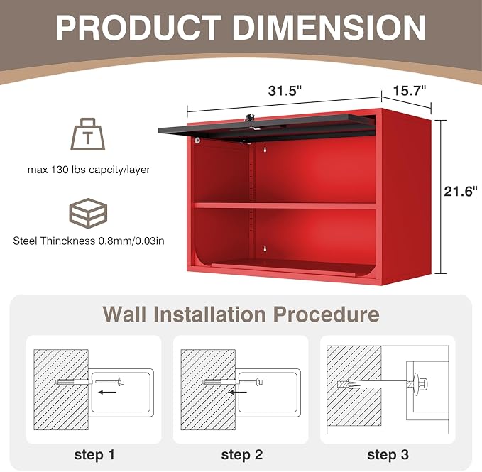 Metal Wall Cabinet with Locking Door and Shelf, Hanging Garage Cabinets with Up-Flip Doors for Garage, Warehouse, Home, Office, Assembly Required (Black Red, One Cabinet)
