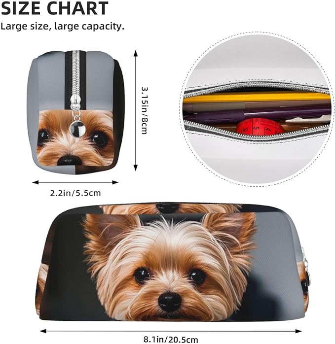 PU Leather Pencil Case Cosmetic Pencil Bags Makeup Pouch with Zipper | Cute Pet Yorkie Pen Pouch Portable Cosmetic Organizer Bag For Office Woman Man