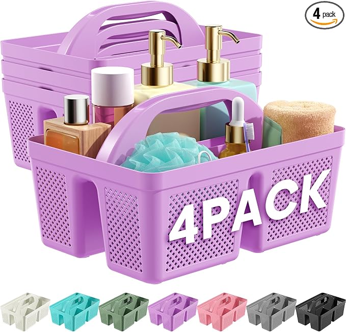 4 Pack Portable Shower Caddy, Integrated Handle, Reinforced Plastic, Organizer Storage Bathroom Supplies and Beauty Products, Cleaning Supplies, Shower Basket for Home, Dorm, Shelf and Cabinet