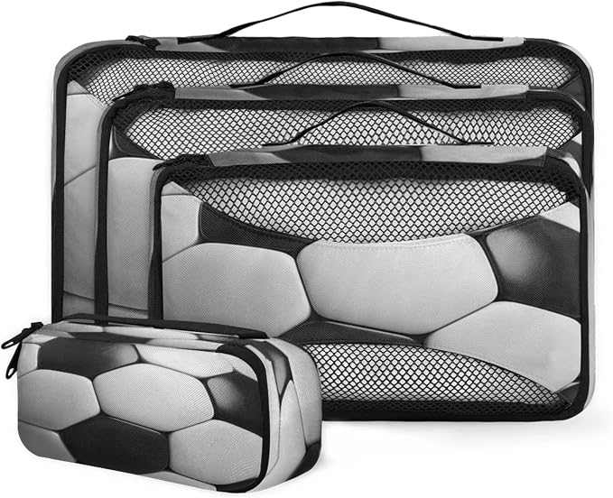 4 Set Packing Cubes for Travel, American Football Packing Cubes for Women, Travel Luggage Packing Organizers, Packing Cube Set, Black and White Soccer