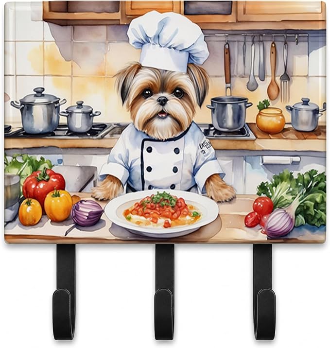 Caroline's Treasures Lhasa Apso The Chef Leash or Key Holder Wall Hooks, Key Hooks Holder, Coat Rack Wall Mount, Coat Hooks, Hooks for Hanging Keys, Towels, Aprons, Leashes | Lhasa Apso The Chef artwork on ceramic tile with three steel hooks for keys, ...