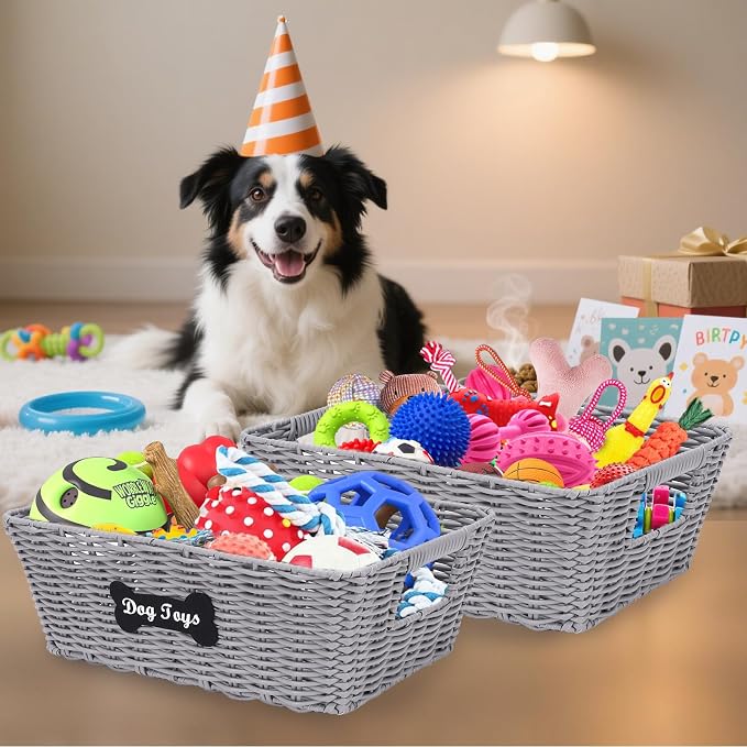 Dog Toy Basket, 2pcs Dogs Toy Bin,Dog Toy Box for Living Room Area, Handmade Poly Wicker Baskets for Pet Toys Blanket Collar Snack-Grey ﻿