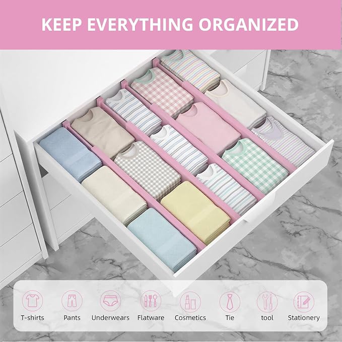 Expandable Bamboo Drawer Dividers Organizers, Drawer Separators Splitter, 17-22 inches Long Adjustable Spring-loaded Organizer for Large Utensil, Clothes, Tools(Pink)