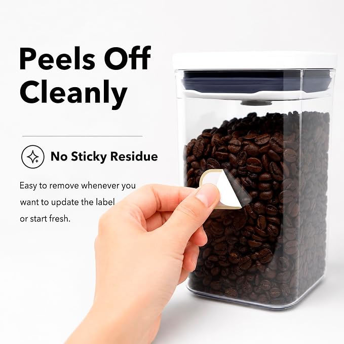 Waterproof Kitchen Labels for OXO POP Food Storage Containers and Home Organization, Pack of 64 | Removable Writable Food Storage Stickers, Tear-Resistant Pantry Organization Decals for Plastic and Glass Jars