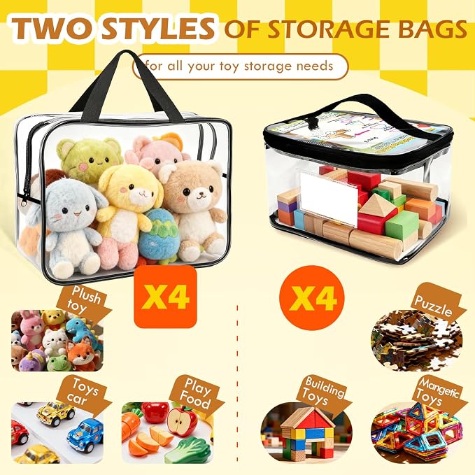 8-Pack Clear PVC Toy Organizers and Storage Bags with Zipper,Waterproof Organizer for Building Blocks, Puzzles,Board Games & Magnetic Toys,All-in-One Toy Organizers and Storage Solution