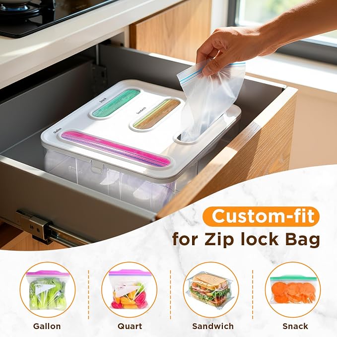 OUTXE Bag Organizer for Drawer + Fridge, Magnetic Kitchen Baggie Storage | Pantry Organization for Ziplock Plastic Food Bags | Compatible with Snack Sandwich Quart Gallon (White) | Pantry Organization for Ziplock Plastic Food Bags | Compatible with Sna...