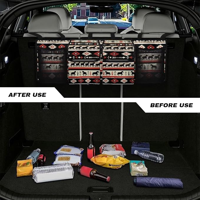 Dreaweet Southwestern Tribal Horse Hanging Trunk Organizer for SUV Car Minivan Foldable Car Trunk Organizer Back Seat Hanging with 4 Pockets