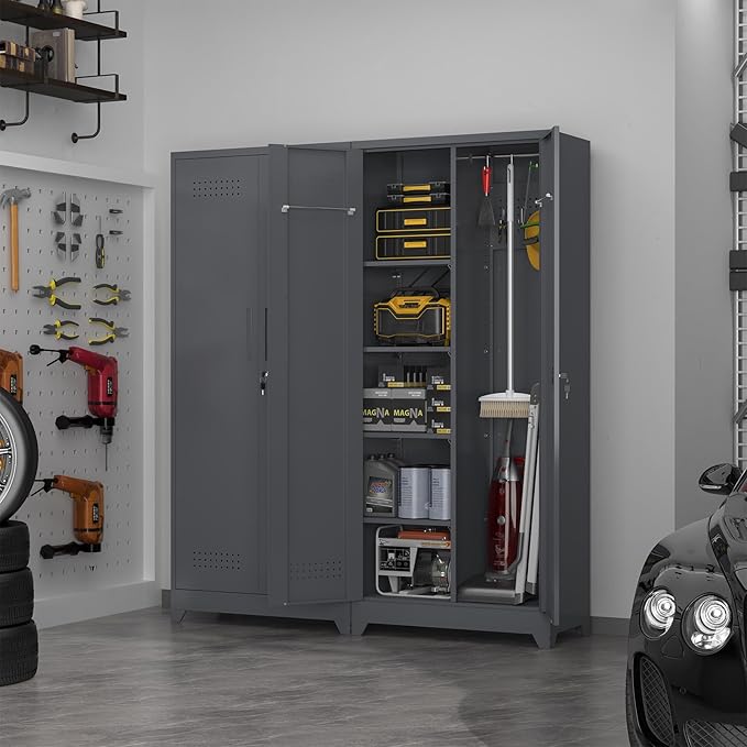 72.8" H Metal Garage Storage Cabinets, Metal Storage Cabinet with Hanging Rod & S-Hooks, Broom Closet Storage with Shelves, Functional Storage Cabinets for Garage, Warehouse, Grey