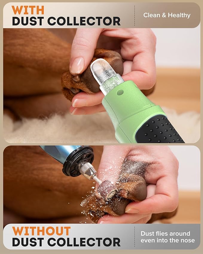 YABIFE 7-Speed Dog Nail Grinder with LED Light – Ultra Quiet Electric Pet Nail Trimmer for Large Dogs & Cats – Professional Grooming Tool with Dust Collector, One-Hand Speed Control (Light Green)