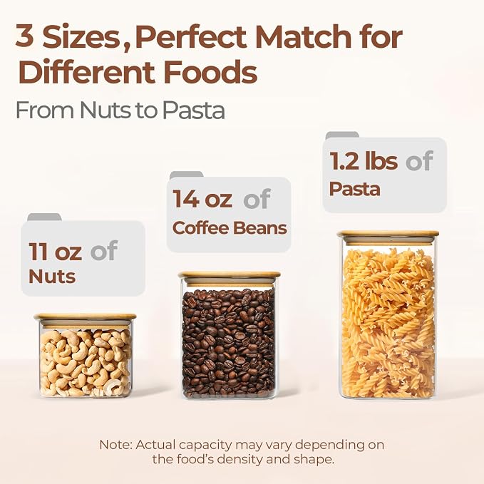 ComSaf Glass Pantry Storage Containers (0.7qt/1.2qt/1.6qt) Set of 6 Jars | Glass Storage Containers with Lids, Rectangle Glass Canisters with Airtight Lids For Kitchen, Spices, Tea, Coffee, BPA Free