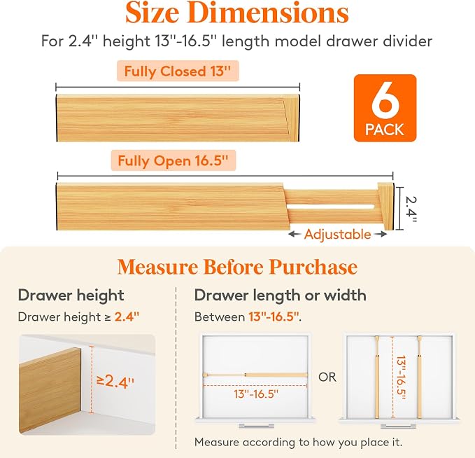 Lifewit 2.4" Kitchen Drawer Dividers, Adjustable Bamboo Drawer Organizers | 6 Pack 13"-16.5" Expandable Drawer Separator for Clothes, Utensils, Dresser, Cabinet, Closet, Nursery Organization & Storage