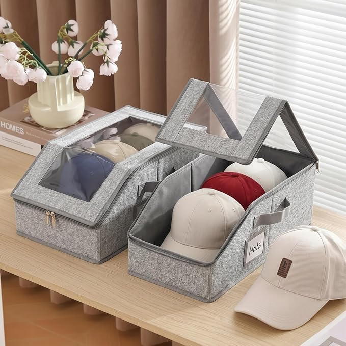 Furlide Hat Organizer for Baseball Caps, 2 Pack Stackable Storage Boxes | Protects 24-30 Caps From Dust and Pet Hair; Stackable Base, Clear Window, Front Opening and Handles Simplify Closet Storage.