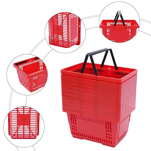 12PCS Shopping Baskets with Handles, 17x12x9inch Plastic Storage Bins Grocery Baskets, Portable Shop Basket Used for Supermarket, Retail, Bookstore (Red)