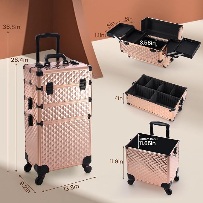 Rolling Makeup Train Case 3 in 1 Professional Cosmetic Trolley Large Storage with keys Swivel Wheels Salon Barber Case Traveling Cart Trunk for Make Up Nail Tech - Vintage Rose Gold | Cosmetic Trolley Large Storage with Keys 360° Swivel Salon Barber Ca...