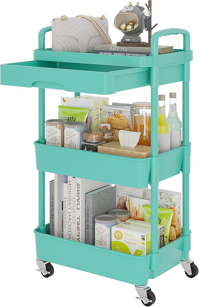 Calmootey 3-Tier Utility Cart with Drawer & Wheels, Storage for Home,Office | Space-Saving Organizer, Sturdy Plastic Shelves, Smooth-Rolling Metal Wheels, Built-in Drawer for Small Items, Green