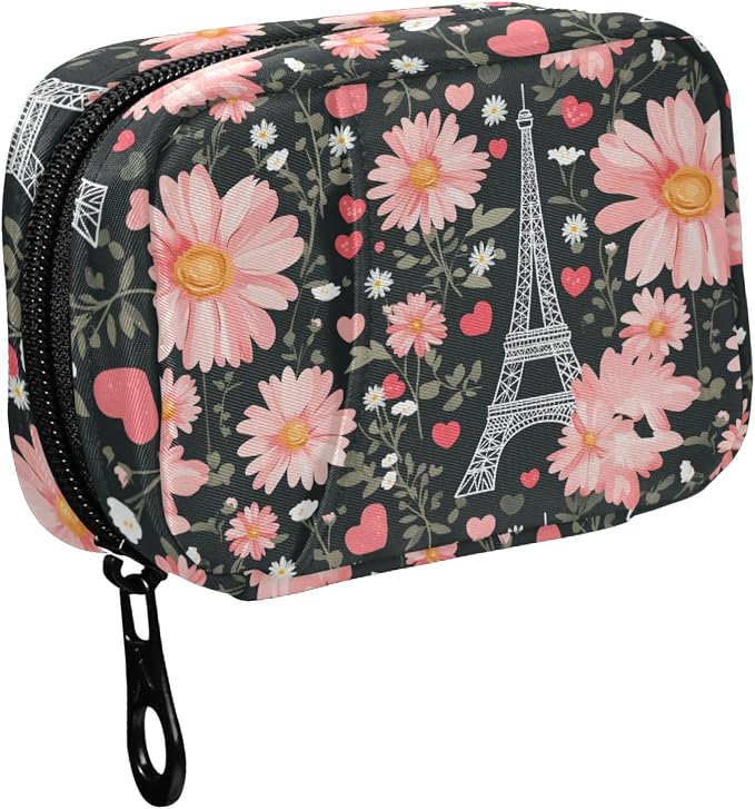 Fustylead Vintage Eiffel Tower Pink Hearts Daisy Flowers Travel Pill Organizer Bag with Zipper Small Pill Box 7 Day Pill Case for Purse Storage Weekly Vitamin Medicine Supplement