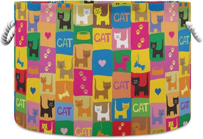 Colorful Cat Print Collapsible Round Storage Basket with Handles | Pet Kitten Paild Large Laundry Baskets Hamper, Clothes Organizer Bin for Nursery Bedroom Living Room Decor, 20x 20x 14 Inches