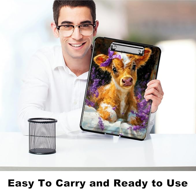 Heavy Duty Storage Clipboard, Slim Nursing Clipboard with Internal Pen Case, Portable File Organizer Case for A4 Letter Size Paper Office Medical Professionals, Lavender Cow
