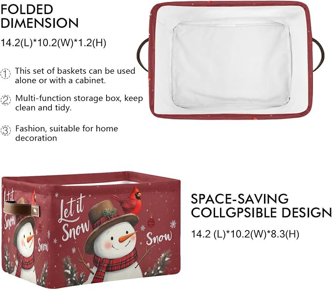 Winter Snowman Cardinal Birds Storage Basket with Waterproof Liner and PU Handles Let It Snow Christmas Red Storage Bins Boxes 14.2" Collapsible Decorative Baskets for Bedroom Closet Office 2 Pack