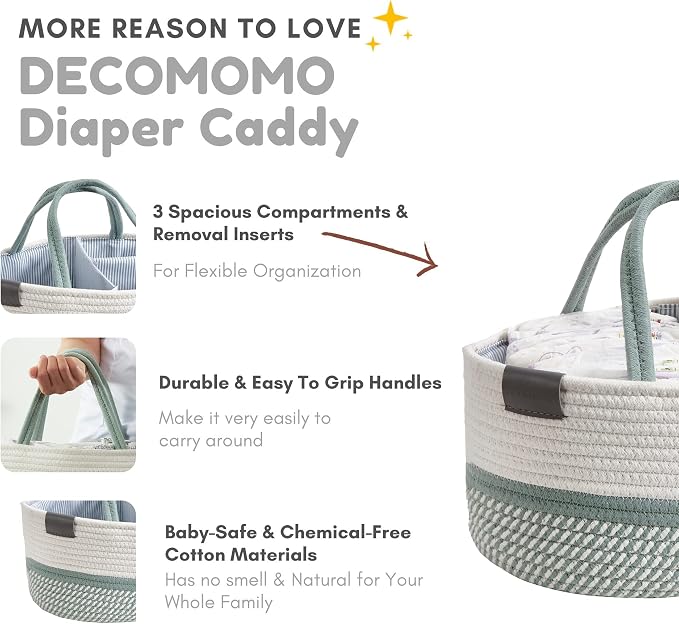 DECOMOMO Baby Caddy Organizer, Large Diaper Caddy Basket | Baby Baskets for Baby Shower (Sage Green & White)