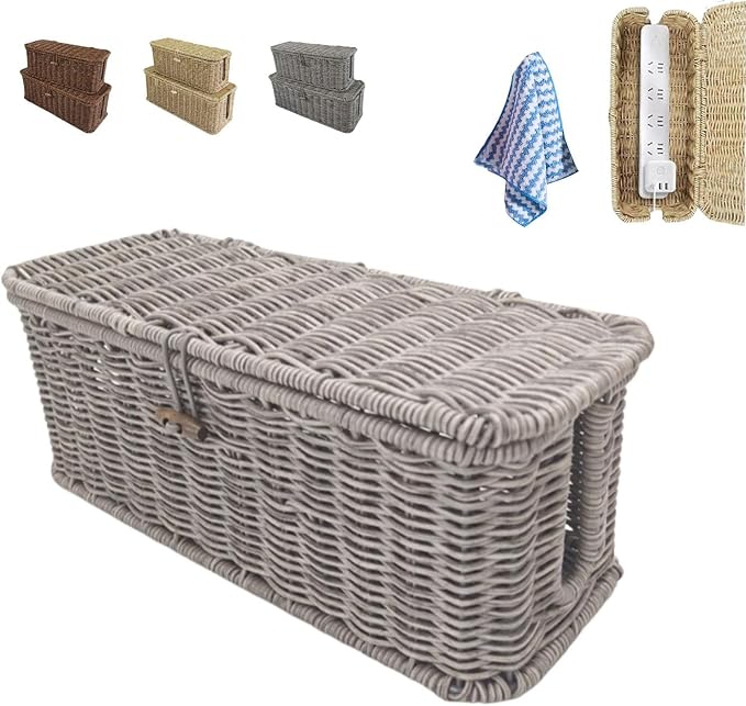 Handwoven Rattan Cable Management Box - Decorative Cord Organizer with Safety Lock, Large Boho Style Wire Hider for Desk, TV & Floor, Heat-Ventilated Power Strip Cover for Pet Proofing (#B, S)