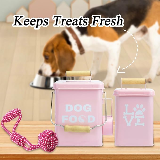 Dog Food Storage Container Set of 2 Dog Treat Container with Airtight Lids Dog Treat Jar with Scoop Metal Dog Food Holder with Wooden Handles for Kitchen Counter and Pantry Home Decor - Pink