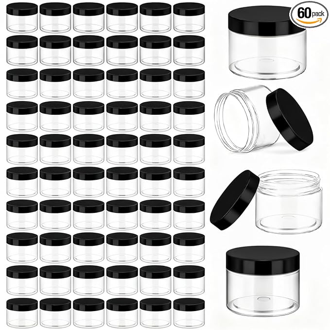 Patelai 60 Pcs Plastic Containers with Lids, Round Leakproof Cosmetic Containers, Multipurpose Storage Jars for Makeup, Lotion, Ointment, Rhinestone Samples, Dry Food and Toiletries(Black,6 oz)