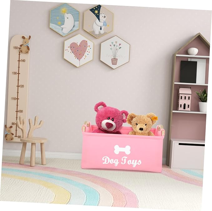 Alipis Pink Felt Pet Organizer Box with Handle Large Square Storage Bin for Dog Pet Clothes and Food Portable and Decorative Household Basket
