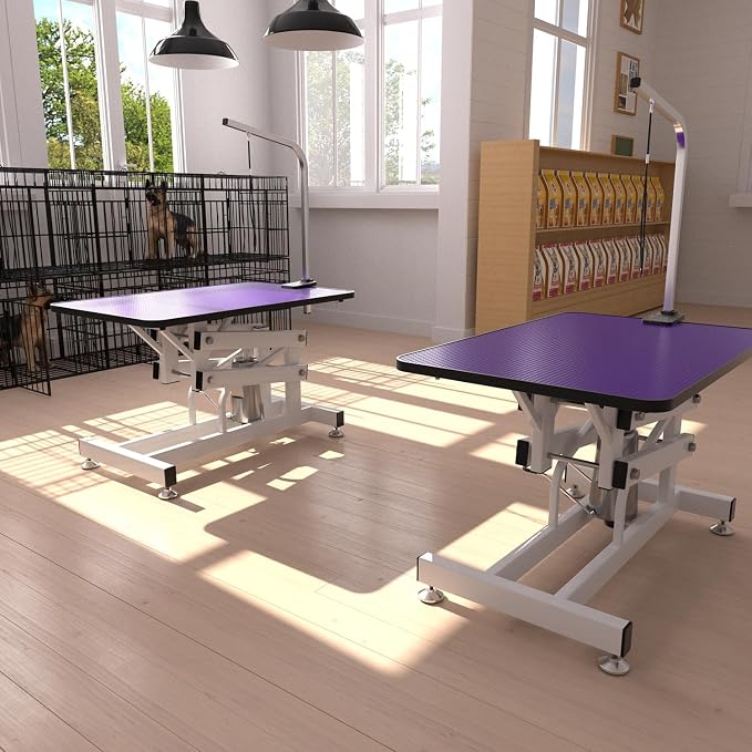 Hydraulic Dog Pet Grooming Table, 42 Inch Heavy Duty Professional Pet Grooming Station 21'' -36'' Height Adjustable for Small Medium Large Dog at Home with Clamps and Grooming Noose, Purple