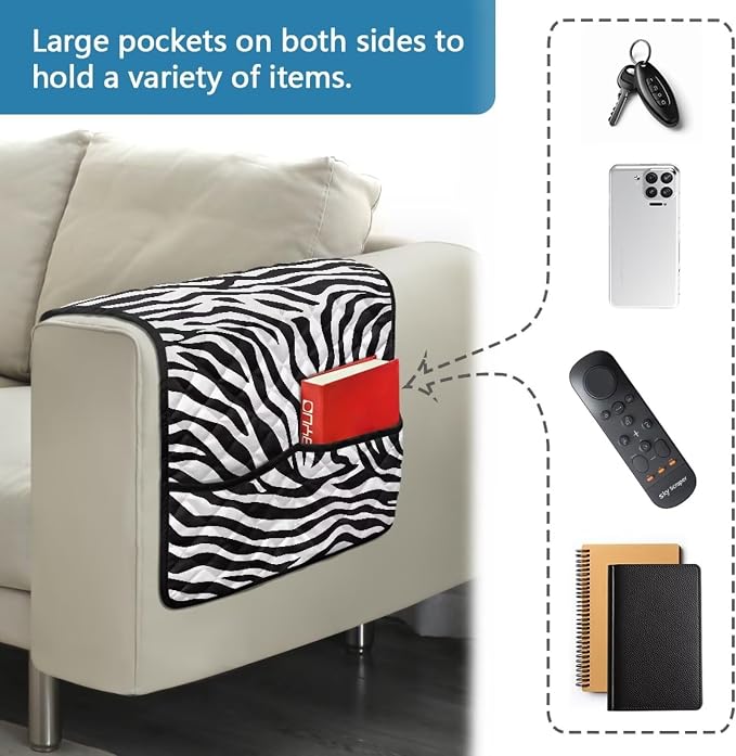 Zebra Print Sofa Arm Covers for Couch Stretch Armrest Covers Easy to Clean Armchair Cover with 2 Pockets Sofa Armchair Slipcovers Recliner SofaArm Protector