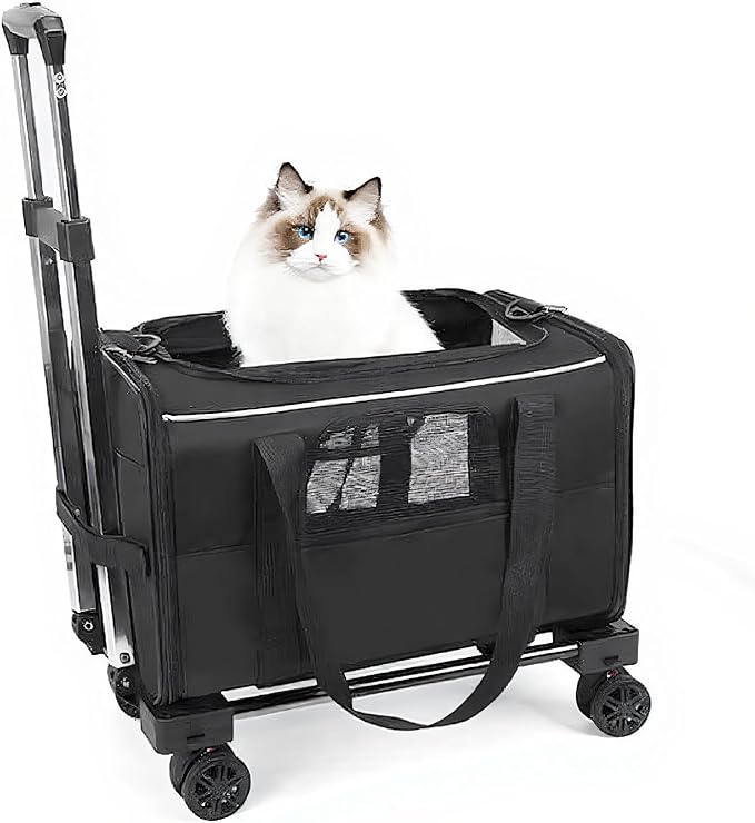 Pet Trolley Bag, Detachable Rolling Carrier for Small Dogs Cats | Portable Pet Travel with Telescopic Handle and Shoulder Strap, for Airplane Car (Black with white edges)
