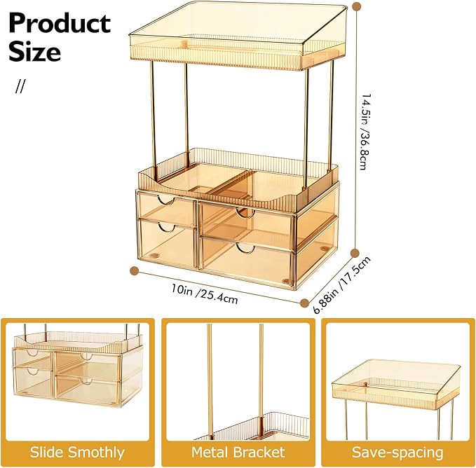 SNSLXH 4-Tier Clear Makeup Organizer Bathroom Storage Amber | 4 Drawers Cosmetics Organiser, Ideal for Countertop, Bathroom, Office, Dresser, for Cosmetics, Skincare, Perfume, Lipstick