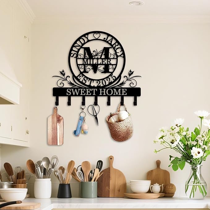 Personalized Monogram Key Holder for Wall, Custom Family Name Hooks | Monogram name design with rust-resistant metal, free hardware, ideal for new home, wedding, couples and housewarming