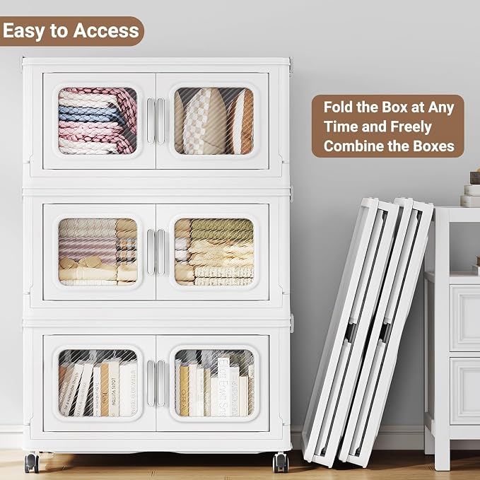 BROVIEW 900 Qt Extra Large Stackable Storage Bin with 1 Lid, 3 Pack White | 225Gal Extra Large, Collapsible Storage Boxes with 1 Lid, Folding& Rolling Plastic Drawer, Heavy-Duty Cabinet Organization
