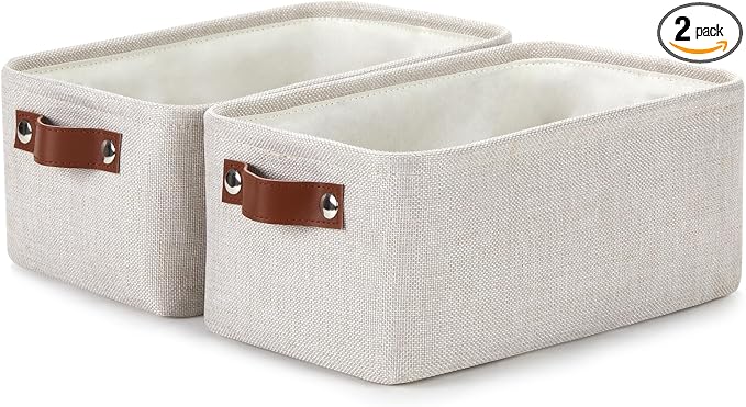DULLEMELO fabric storage baskets | 11.8x7.9x5.1 inch small baskets for organizing Closet Set of 2 cloth storage baskets | rectangle storage basket with PU Handles (Beige)