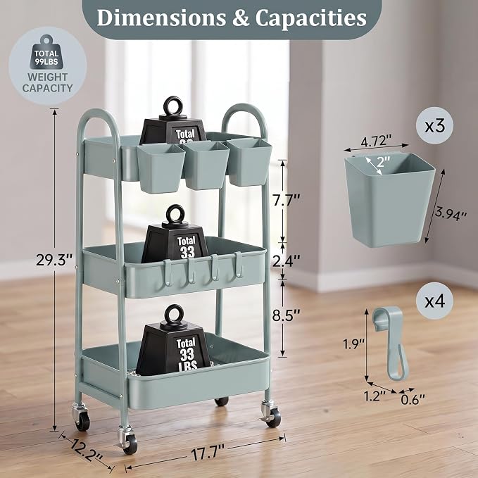 danpinera 3-Tier Rolling Cart, Utility Cart Mobile Metal Rolling Storage Cart with Lockable Wheels & Hanging Cups & Hooks for Kitchen, Bathroom, Office, Workshop, Gray Blue