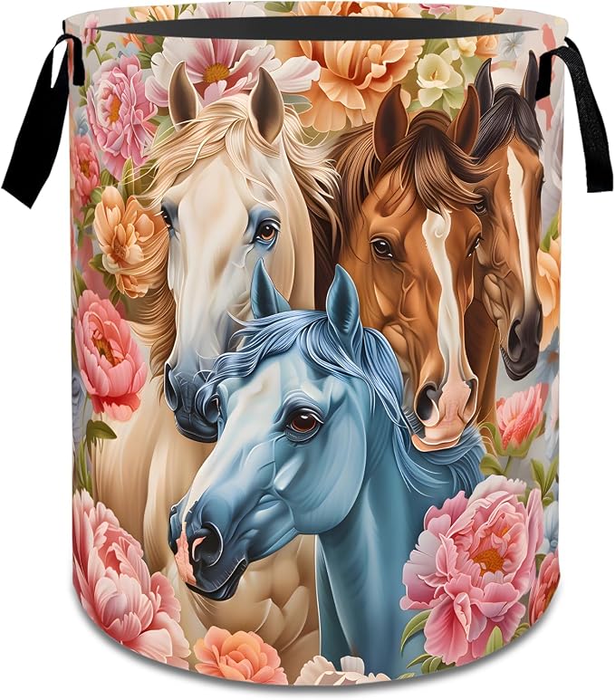 Elegant Horse Flower Laundry Basket,Rustic Dirty Clothes Hamper,Floral and Animal Storage Bin Gifts,Foldable Waterproof Oxford Cloth Baskets for Bathroom,Bedroom,Home Decoration(19.7" x 15.7")