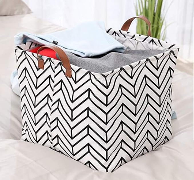 Square Canvas Toy Storage Bins Basket with Handle Collapsible Toy Organizer for Nursery Storage, Kid's Toy & Laundry, Gift Baskets(White-Geometric)