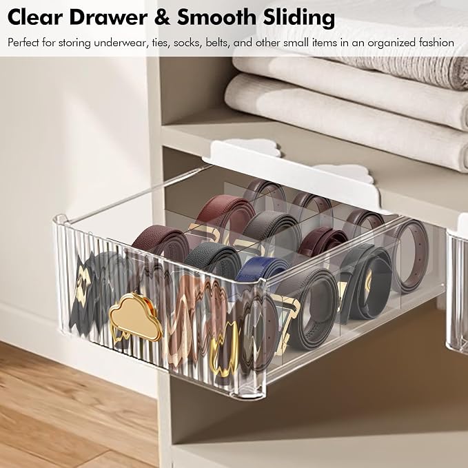 Under Shelf Drawer Pull Out Under Cabinet Storage, Clear Organizer for Closet Shelves with 16 Cells Detachable Divider, Self-Stick Under Table Drawer for Cabinet