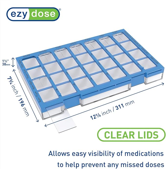 EZY DOSE Weekly AM/PM (7-Day) Daily Practidose Pill Planner, Medicine Case, Vitamin and Supplement Organizer, Large Easy Fill Compartments, 4 Times a Day, 28 Compartments, Clear Lids, Blue, BPA Free